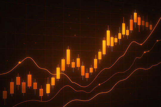 Sustainable energy concept showing solar and wind power with rising stock market graph at sunset