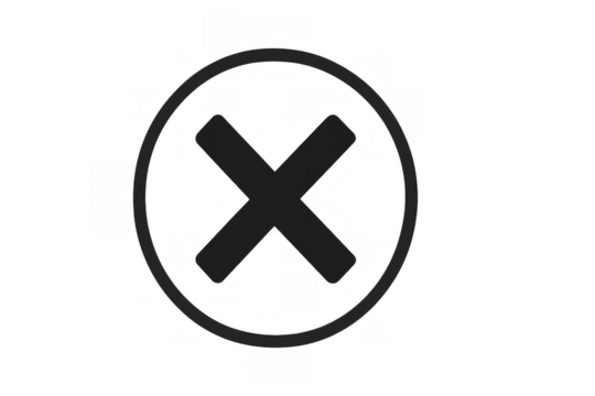 Round cross symbol with black outline indicating wrong, delete, close, cancel, negative decision, or error, transparent background