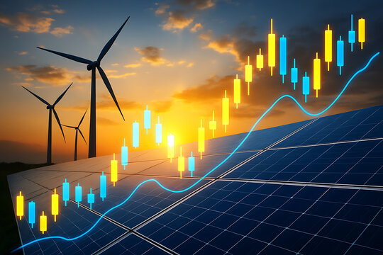 Wind turbines and solar panels with digital stock market graph overlay at sunset symbolizing renewable energy growth