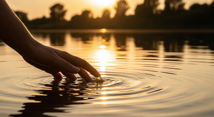 A serene moment as a hand gently touches the tranquil surface of a lake, creating ripples and reflecting the warm hues of a setting sun, evoking a sense of calm and connection with nature.