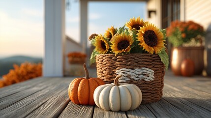 Sunflowers in a basket with pumpkins on a porch. Autumn vibes!
