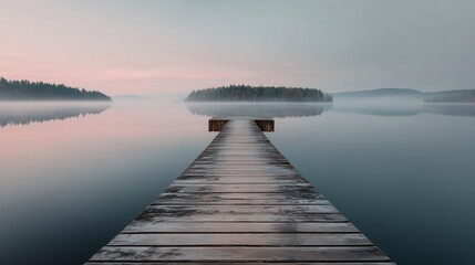 Fototapeta premium Wooden dock leading into misty lake with forest island. Peaceful nature reflection slow motion animated background.