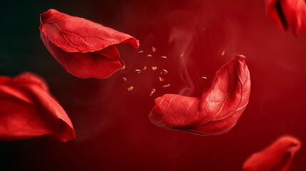 Red petals falling apart in mid-air, a dramatic display of vibrant color and texture.
