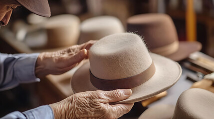 A craftman is delicately smoothing a classic fedora in his workshop, ensuring the hat's impeccable form & style. The hatmaking process is a symbol of dedication & style.