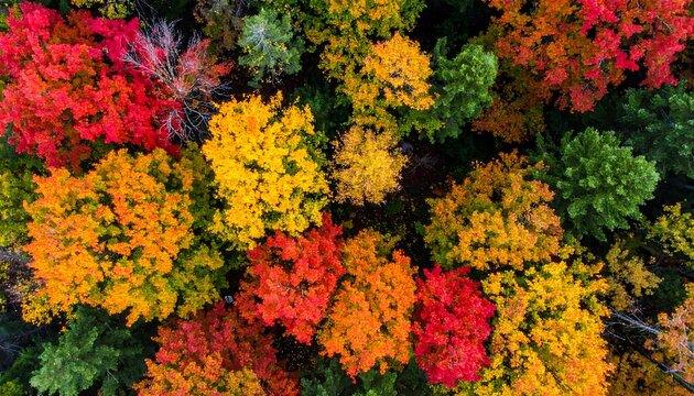 Aerial view of vibrant autumn foliage from above. Reds, yellows, and greens create a colorful tapestry. The branches and leaves are dense