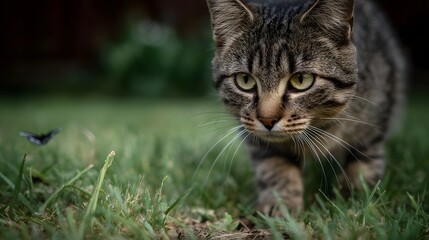 Obraz premium A focused tabby cat stalks a butterfly through lush green grass in a garden setting