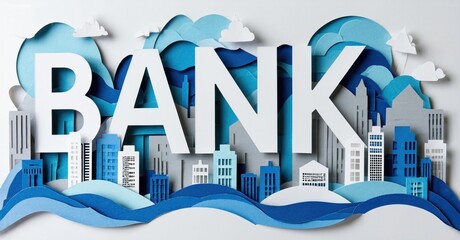 Papercraft cityscape spells BANK. Blue hues dominate design, suggesting finance, stability, modern architecture. Minimalist style creates striking visual impact.