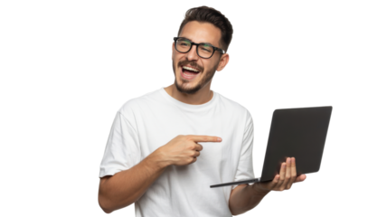 Cheerful Businessman with Glasses Holding a Laptop and Smiling Pointing at It