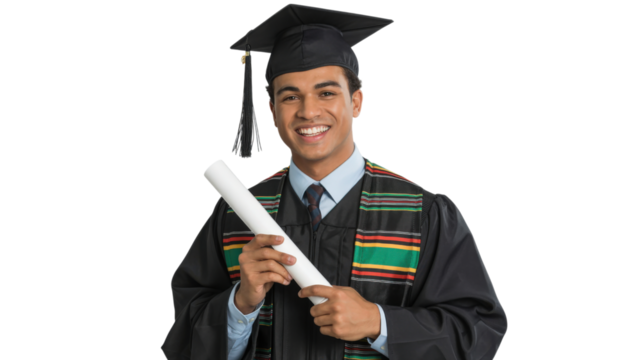 Happy Graduate Holding Diploma with Graduation Gown on Transparent Background Scene