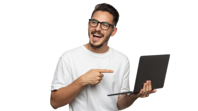 Cheerful Businessman with Glasses Holding a Laptop and Smiling Pointing at It