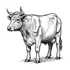 Classic black and white engraving of a standing cow in vintage etching style, detailed cross-hatching, sharp lines, and antique woodcut look.