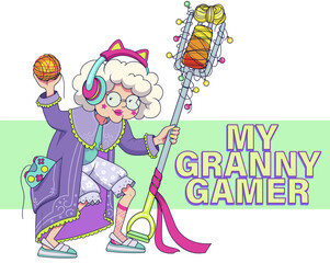 Funny granny in costume like a video-game hero. Vector illustration.