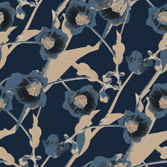 seamless pattern with abstract blue and beige colours  flowers
