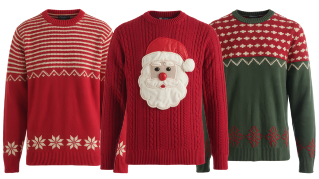Three Holiday Knitted Sweaters on Transparent Scene Festive Fashion Warmth
