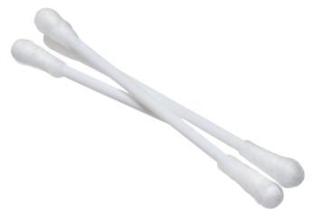 Cotton swabs for hygiene purposes on an isolated background. The swabs have a white plastic base and soft cotton tips on both ends.