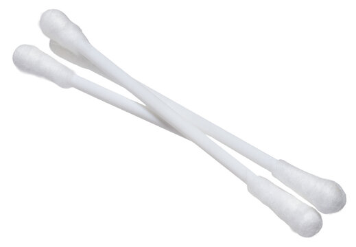 Cotton swabs for hygiene purposes on an isolated background. The swabs have a white plastic base and soft cotton tips on both ends.
