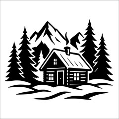Cozy mountain cabin in pine forest, winter lodge illustration for outdoor adventure designs, camping logos, rustic home decor, travel posters, nature retreat branding, hiking and wilderness art
