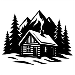 Cozy mountain cabin in pine forest, winter lodge illustration for outdoor adventure designs, camping logos, rustic home decor, travel posters, nature retreat branding, hiking and wilderness art