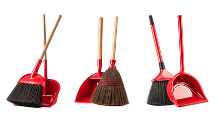 transparent PNG image of Three Broom and Dustpan Sets with Varying Handles and Designs