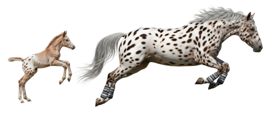 An adult Appaloosa horse and its foal are captured mid-jump in an isolated area, showcasing their unique coat patterns and agility in motion.