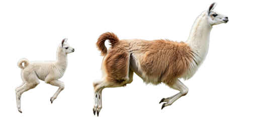 Two llamas, one adult and one baby, are captured mid-jump in a playful leap. The adult displays a soft brown coat while the baby is fluffy and white.