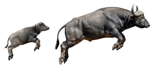 An adult water buffalo and its calf jump enthusiastically in a lively display. The scene showcases their strength and agility against a plain background, highlighting their bond and playfulness.