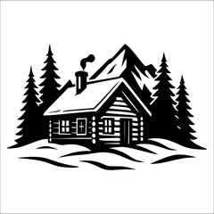 Cozy mountain cabin in pine forest, winter lodge illustration for outdoor adventure designs, camping logos, rustic home decor, travel posters, nature retreat branding, hiking and wilderness art