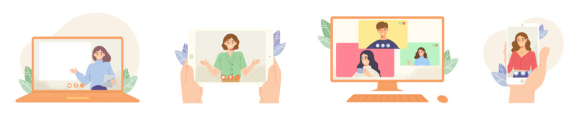 Set of different devices screen with people online video call or conference. Concept of quarantine, online communication, discussion, e-learning, internet. Flat vector illustration character.