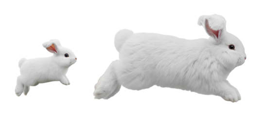 In a bright, isolated space, an adult Angora rabbit leaps energetically alongside its kit. The fluffy pair displays a joyful bond as they enjoy their playful moment together.