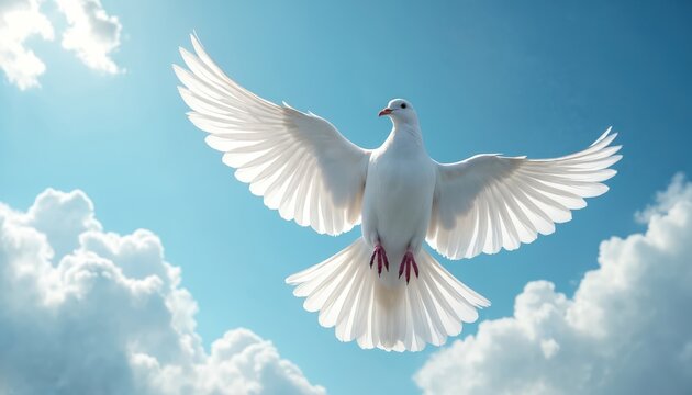 White dove bird flies across bright blue sky with soft clouds. Bird wings spread wide, symbol of peace and freedom. Animal flight over airy space. - Powered by Adobe