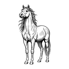 Classic engraving line art of a majestic stallion standing proudly, rich in cross-hatching detail, vintage black-and-white copperplate style illustration.