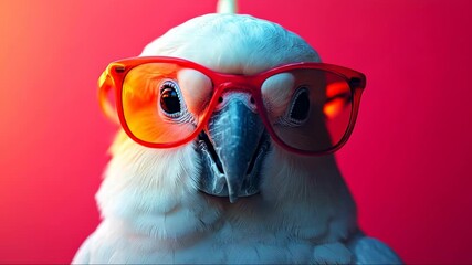 Chic bird in glasses, colorful bg. A bird sports bright red glasses, standing out against a vivid background in a playful and humorous scene.