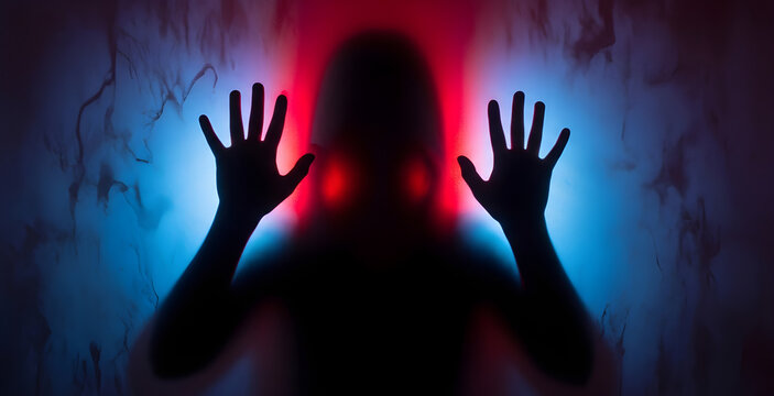 Man silhouette behind frosted glass with hand pressed on surface under dramatic lighting, banner template for horror thriller mystery or psychological fear themes with copyspace.
