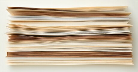 Stack papers, varying shades, texture visible. Simple composition, neutral background, flat lay presentation. Document pile, possibly book pages.