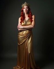 Fototapeta premium Red haired woman wears golden crown, shimmering gold toga dress. She poses with arms crossed in studio. Her regal portrait shows power, elegance, ancient goddess style, like majestic queen or empress.