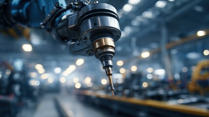 Medium shot of a robotic arm applying lubrication to truck suspension components emphasizing precise movements with the mechanical bay softly blurred behind