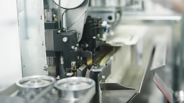 Close-up of automated machinery in a cable production factory