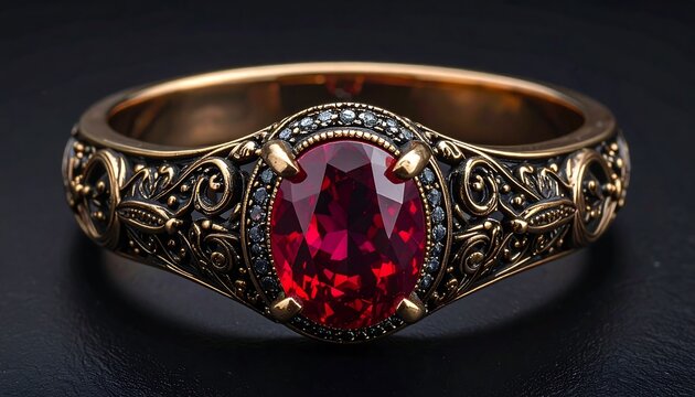 An antique gold ring features an oval ruby, surrounded by smaller stones and intricate floral filigree. The band has detailed engravings - Powered by Adobe