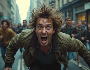 Man in panic running with crowd. Shocked expression, open mouth, wide eyes. People run behind in city street. Everyone looks worried, afraid. Atmosphere chaotic, tense. Man with blond hair wears