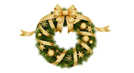 Festive christmas wreath with golden bow isolated on transparent background