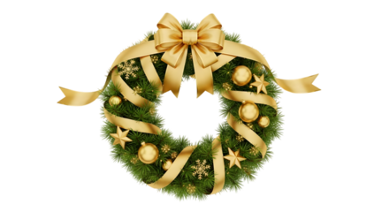 Festive christmas wreath with golden bow isolated on transparent background