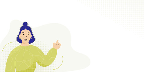 Minimalistic flat illustration of a smiling woman in a green sweater pointing sideways, with geometric abstract background and halftone dots. Modern design for web banners, presentations, and social m