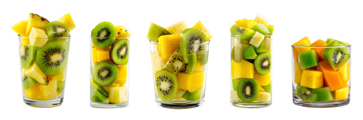 transparent PNG image of  Glasses Filled with Fresh Kiwi, Pineapple, and Mango Chunks