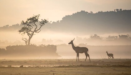 An African savanna at dawn; two elegant antelopes stand in a field with a single tree, bathed in golden sunlight. Mist partially obscures distant hills