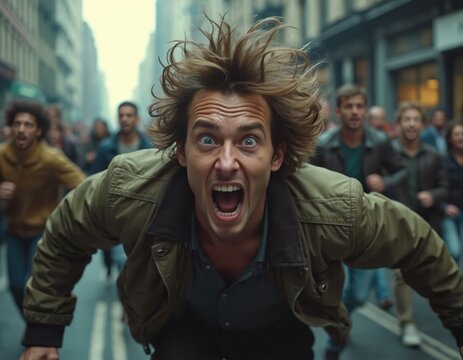 Man in panic running with crowd. Shocked expression, open mouth, wide eyes. People run behind in city street. Everyone looks worried, afraid. Atmosphere chaotic, tense. Man with blond hair wears