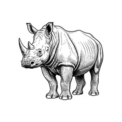 Fototapeta premium Classic engraving of a full-body rhinoceros standing firmly, detailed skin texture with thick hatching, colonial zoology style, black and white HD vector art.