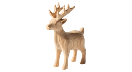 Wooden reindeer figurine isolated on transparent background for christmas decoration