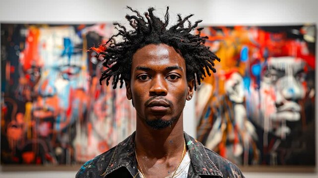 Young artist stands proudly in gallery. A young artist showcases his work in an art gallery, surrounded by vibrant, expressive paintings.