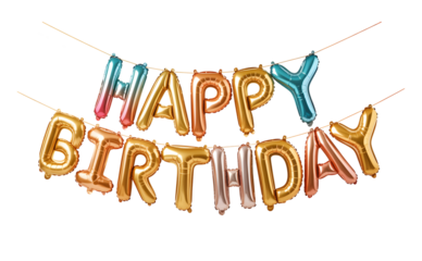 Happy birthday balloons banner with string for party celebration decoration transparent background