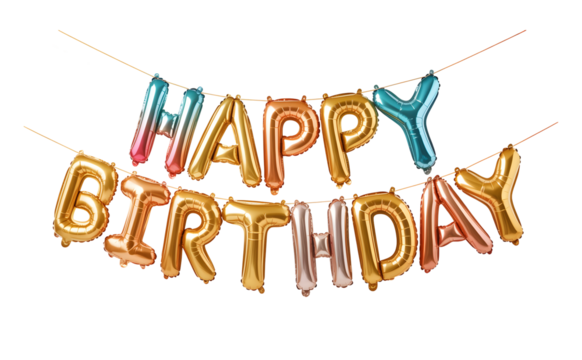 Happy birthday balloons banner with string for party celebration decoration transparent background